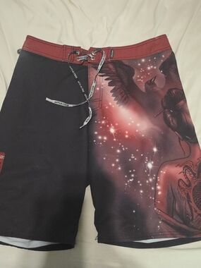 Affliction Men’s Black & Red Graphic Swim Shorts with Lace-Up Waist